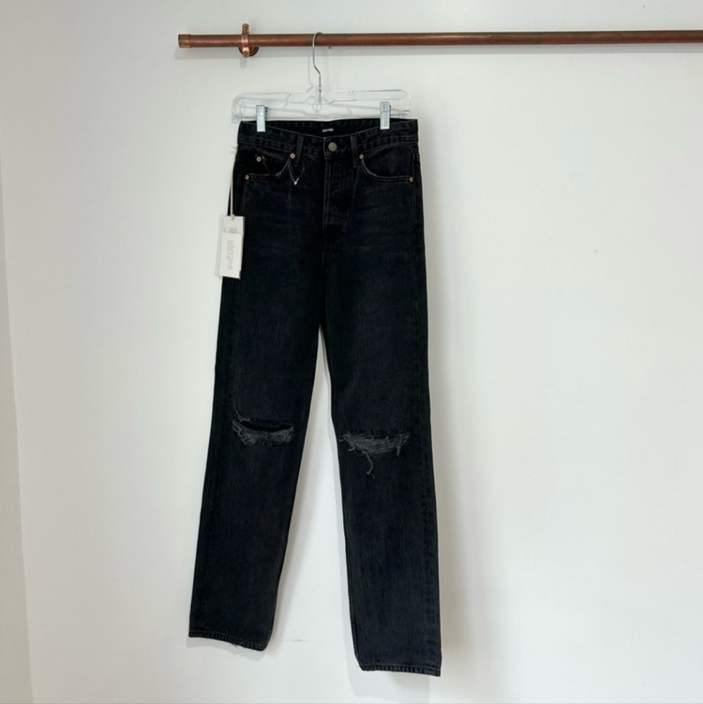 NWT Grlfrnd Mica High Rise Straight Leg Jeans Black Distressed Revolve